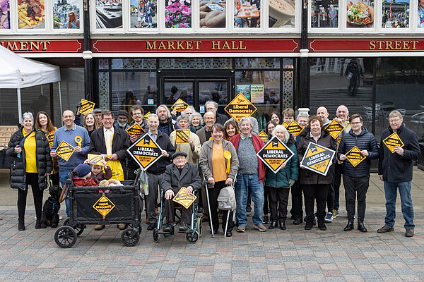 Darlington Lib Dems group photo in front of Darlington market